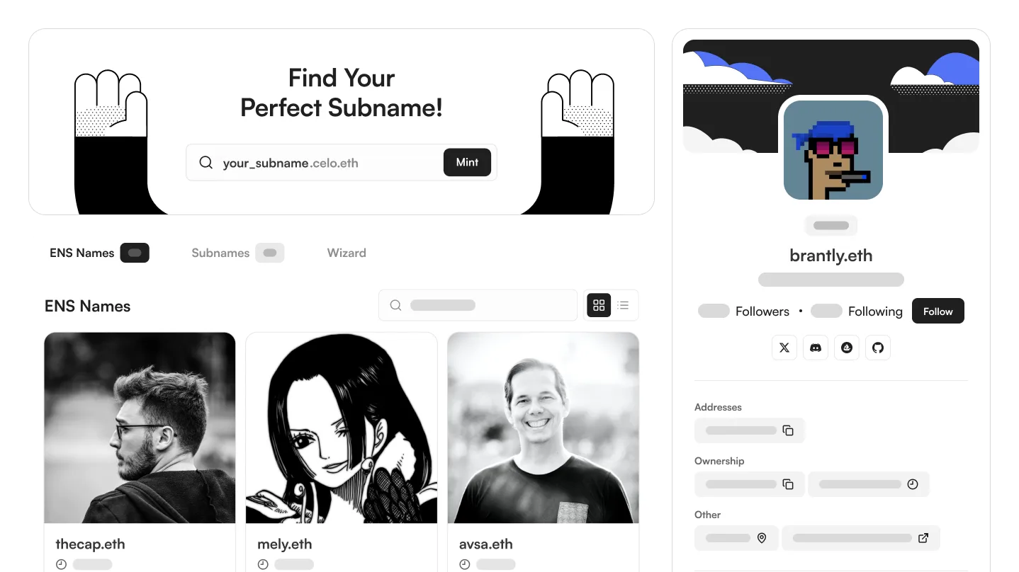 Onchain ENS subnames / subdomains view in Namespace app. L1 or L2 subnames on Ethereum, Base, Celo, Optimism, etc.